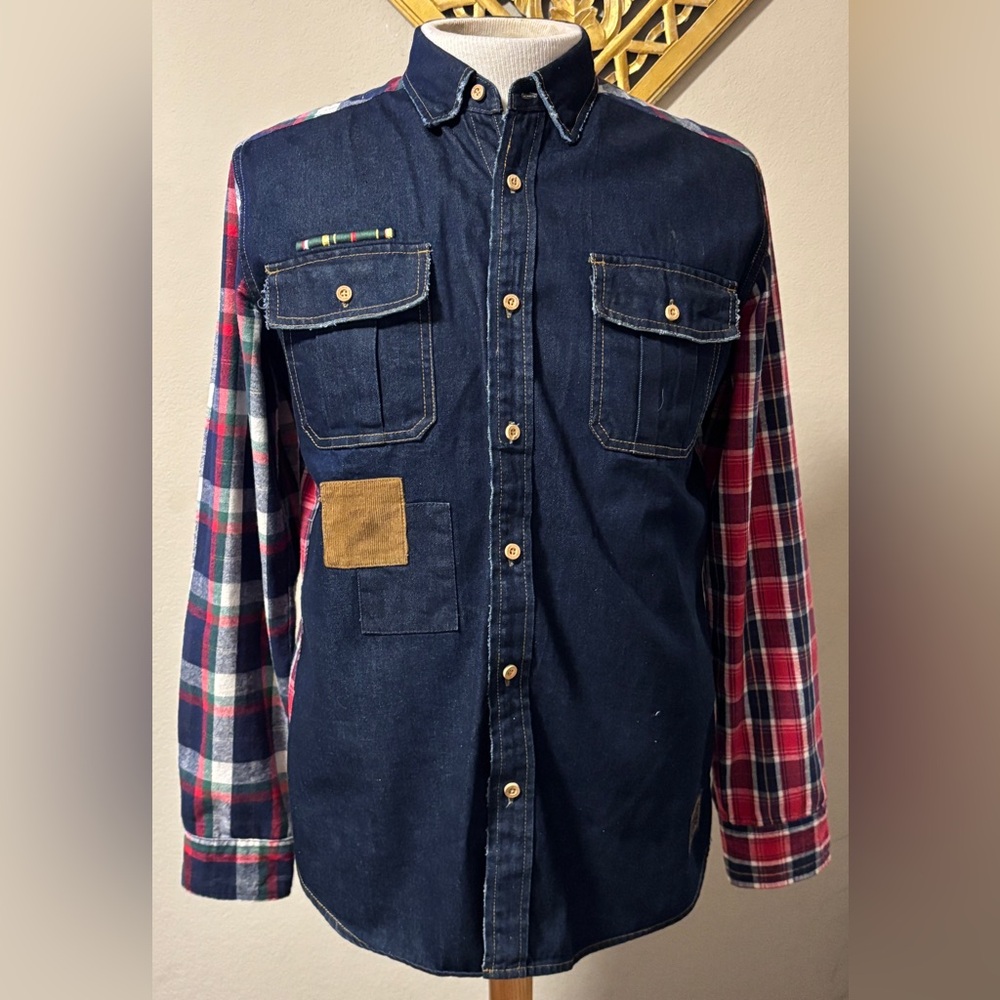 Akoo Denim Long-Sleeve Shirt with Blue and Red Plaid Men's Size Medium